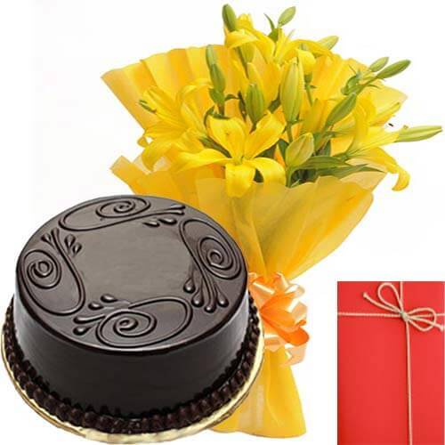 send Yellow Lilies Bunch with Eggless Chocolate Truffles Cake Greeting Card delivery